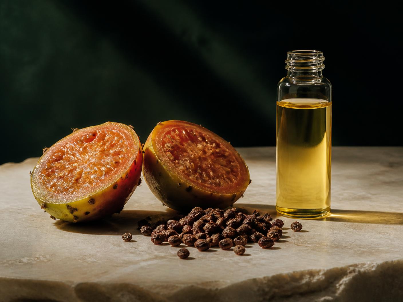 Prickly pear seed oil in a green glass bottle beside a halved prickly pear
